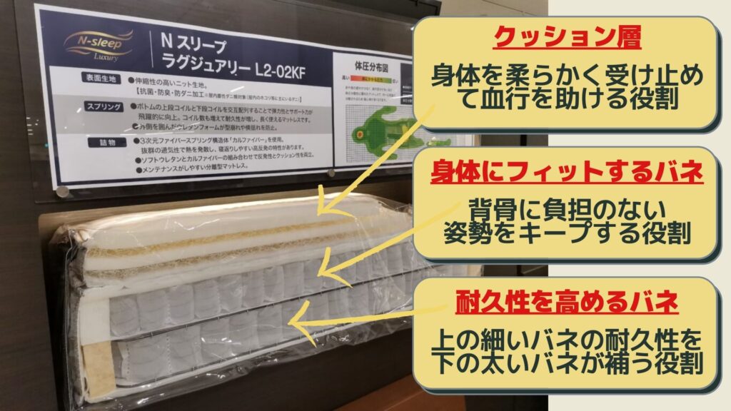 面図。全体の耐久性は高く、日本の夏に適した乾きやすいクッション層が特徴。